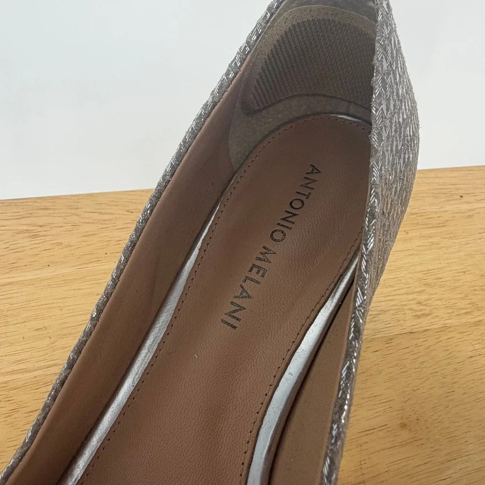 Antonio Melani Essie Wedge Women 8.5 Silver Crystal Peep Toe Snakeskin Glam Luxe